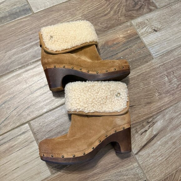 UGG Lynnea Fold Over Brown Leather Shearling Cuff Clog Boot - Picture 7 of 9